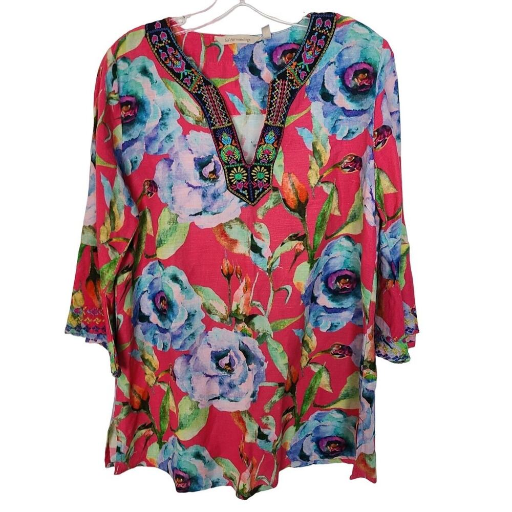 Soft Surroundings Womens Floral Linen Blend Tunic Size M Coastal Grandma Resort